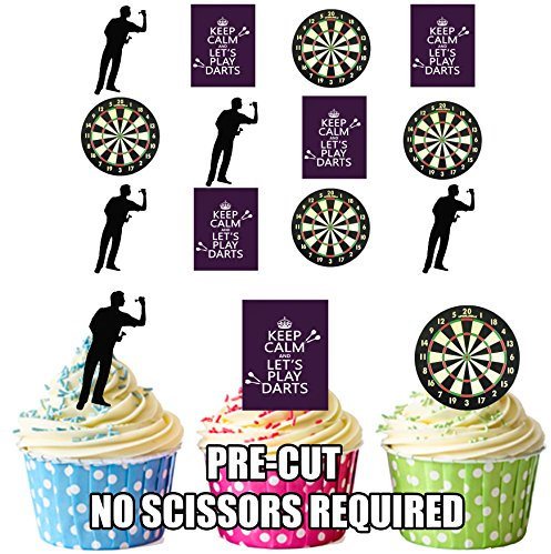 AK Giftshop Darts Player Dartboard Keep Calm and Let's Play Darts Mix - 12 EDIBLE WAFER CAKE TOPPERS STAND UP STANDUPS
