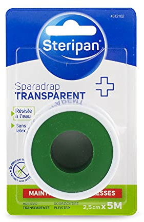Steripan Sparadrap transparente, resistente al agua y sin látex, hipoalergénica, 2,5 cm x 5 m, 2 unidades