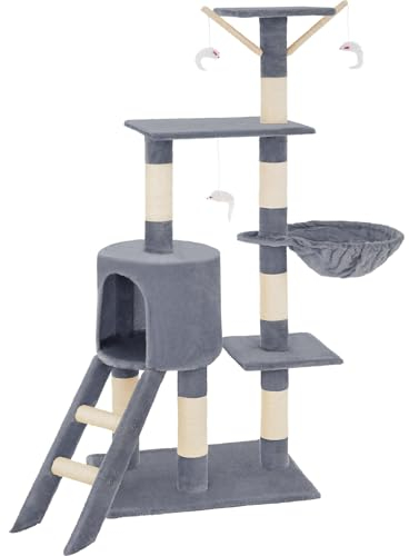 tectake® Arbre à Chat Griffoir pour Chat 144cm, Maison Chat Interieur Jeux Chat Appartement avec Grattoir Rampe pour Chat Couchage Chat Hamac Chat Echelle Chat Lit pour Chat, Souris de Jeu