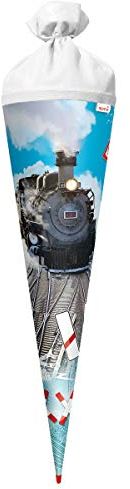 ROTH Schultüte groß Lokomotive 70 cm - rund Rot(h)-Spitze Filzverschluss - Zuckertüte Schulanfang Zug Eisenbahn