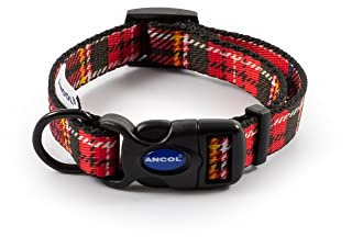 Ancol Adjustable Nylon Dog Collar Tartan Red Soft Polyester Printed Durable Comfortable Pet Puppy Neckband Fixings - 20-30 cm
