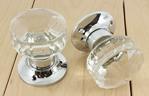 Glass Faceted Mortice Door Knob Handles 60mm Chrome Plated Backplate (Pair)