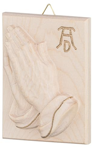 MaMeMi HOLZRELIEF BETENDE HÄNDE NACH DÜRER aus BERGAHORN mit GOLDAKZENTEN in NATUR 11 x 8,5 cm – religiöse WANDDEKO aus Südtirol Geschenk zur KONFIRMATION KOMMUNION FIRMUNG oder zum EINZUG