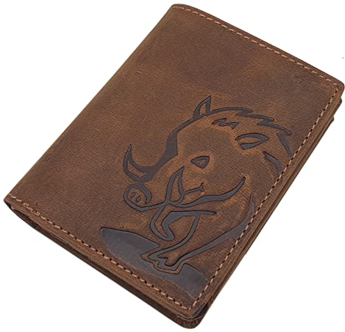 Cuir de Buffle Porte-Monnaie avec Sanglier Motif en Format en Hauteur ou Format Oblong avec Blocage RFID et NFC en Marron (Modéle 1 / Format en Hauteur)