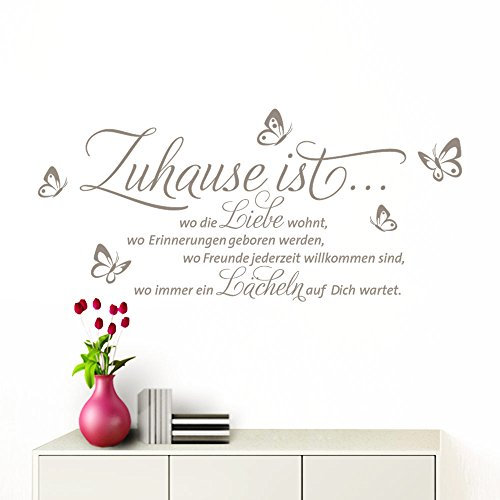 Grandora Wandtattoo Zuhause ist I Taupe (BxH) 100 x 53 cm I Schmetterlinge Wohnzimmer Spruch Aufkleber selbstklebend Wandaufkleber Wandsticker W1133