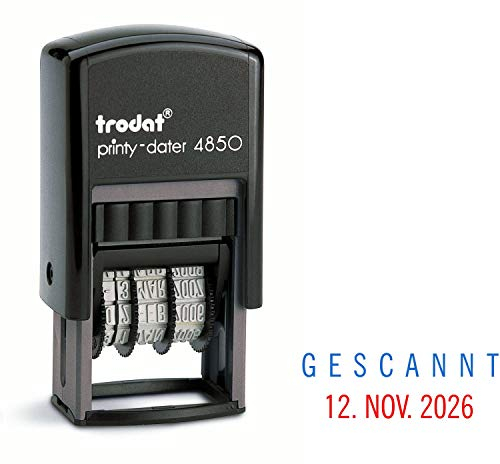 Trodat Printy Dater 4850 Datumstempel mit 2farbigem Kissen blau/rot + Wunschtext, Stempeltext:G E S C A N N T