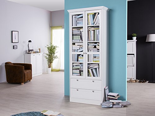 möbelando Vitrine Vitrinenschrank Schrank Bücherschrank Bücherregal weiß Landsted I