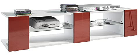 Vladon Buffet Bas Movie V2, Meuble TV avec 6 Compartiments Ouverts et placages décoratifs, Blanc Mat/Bordeaux Haute Brillance (134 x 29 x 39 cm)