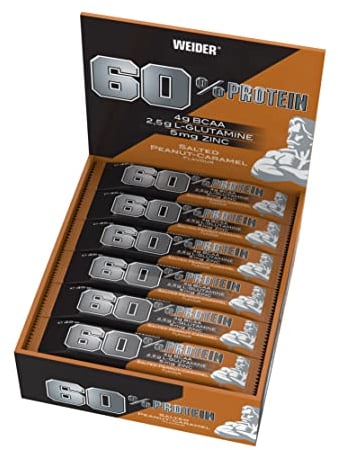 WEIDER 60% Proteinriegel, Eiweißriegel mit dem höchsten Proteingehalt auf dem Markt, High Protein Riegel mit Glutamin und BCAA für Muskelaufbau und Fitness, 24 Stück á 45g, Salted Peanut-Caramel
