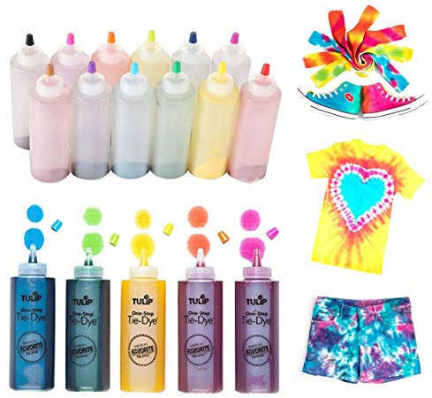 Tulip One-Step Tie-Dye Kit One-Step Krawatten-Set, Regenbogen-DIY, lustiger, ungiftiger Stoff, einfache Aktivität für große Gruppen, Partyzubehör, Paket enthält 12 Flaschen mit lebendigen Farbfarben, Originalversion