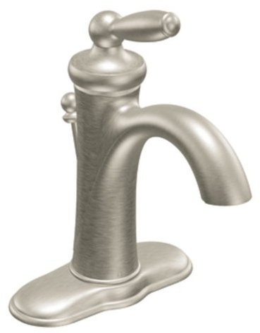 Moen Brantford Brushed Nickel One-Handle Traditional Low-Arc Bathroom Faucet with Optional Deckplate and Available Vessel Sink Extension Kit, 6600BN