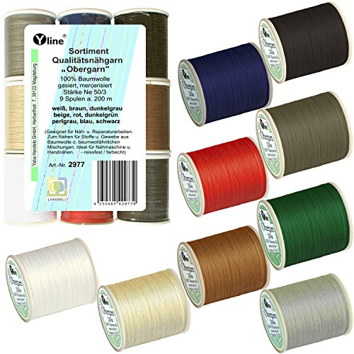 Sort. 9 Spulen a. 200 m Qualitäts - Nähgarn Obergarn versch. Standardfarben, Ne 50/3, 100% Baumwolle für die Nähmaschine, (0,01 € / m), 2977