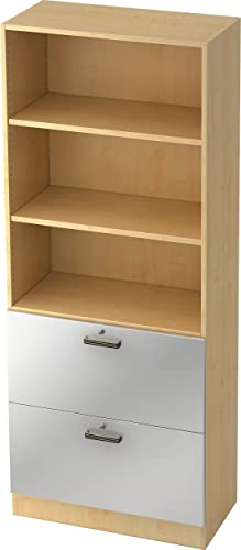 Bümö® Office Hängeregistratur-Regal Schrank abschließbar aus Holz | Kombination Hängeregister-/Regalschrank inkl. Einlegeböden | Büroschrank – Büro Schrankwand (Hängeregistratur-Kombi, Ahorn/Silber)