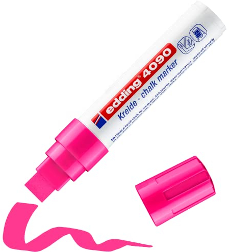 edding 4090 Kreidemarker - neon-pink - 1 Kreidestift - Keilspitze 4-15 mm - breiter Kreidestift für Tafel abwischbar - zum Beschriften von Fenster, Glas, Spiegel - Tafelstift mit deckenden Farben