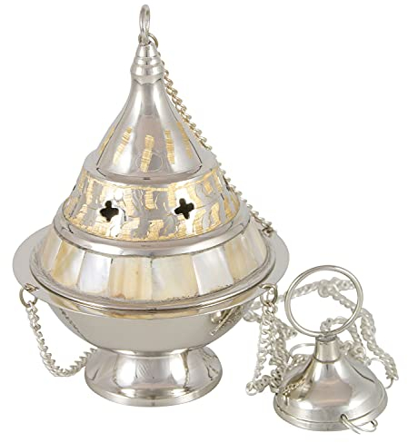 Weihrauchschwenker aus Messing silberfarben 12 x 9 cm mit Perlmutt-EINLEGER und Kette Handarbeit aus Indien RÄUCHERGEFÄSS für WEIHRAUCH & Kohle von MaMeMi