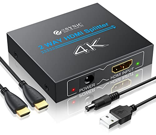 eSynic Splitter HDMI 2 Sorties, 4K/30HZ Répartiteur 1 Entrée 2 Sortie HDMI 1.4 Hdcp Bypass Splitter Duplicateur pour HDTV PS4 Blu-Ray Player Laptop Satellite