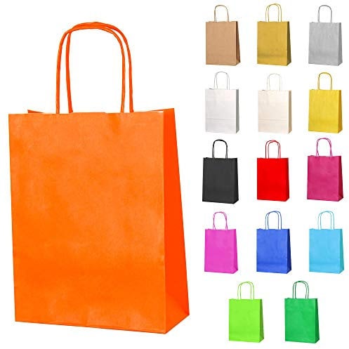 Thepaperbagstore 50 Orange Small Paper Party Bags With Handles - 18x22x8cm - Colourful Paper Gift Bags for Kids and Adults Parties, Birthdays, Weddings, Baby Showers, Hen Parties and Sweets