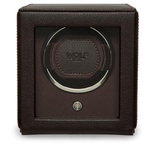 Wolf Cub Single Watch Winder with Glass Cover, Brown - Secure Fit with Patented Lock-in Dynamic Cuff - Accommodates All Wrist Sizes - Vegan Leather - Includes Universal Adapter