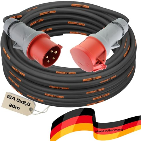 Starkstromkabel 16A 20m H07RN-F TITANEX 5x2,5 Starkstrom Verlängerungskabel CEE Verlängerung 16 Ampere Kabel 5x2,5mm2 Baustelle Werkstatt Industrie Geeignet Outdoor IP44 Spritzwassergeschütz