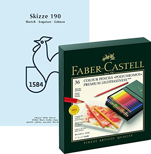 Faber-Castell 110038 - Farbstift POLYCHROMOS, 36er Atelierbox Geschenkset/Bundle mit wertigem, alterungsbeständigem Hahnemühle Skizzenblock Skizze 190