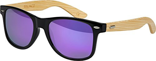 Bambus Holz Nerd Sonnenbrille Retro Vintage Unisex Brille mit Federscharnier für Herren & Damen (Bambus - Lila verspiegelt)