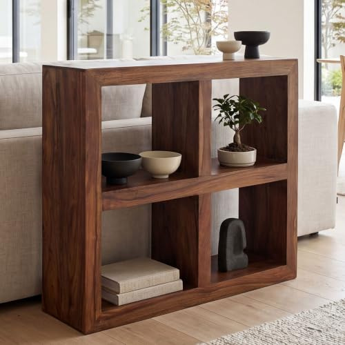 FineBuy Standregal 82x34x82 cm Sheesham Massivholz mit 4 Böden | Holzregal im Landhausstil, als Bücherregal und Beistelltisch nutzbar, Echtholz handgefertigt, jedes Regal ein Unikat