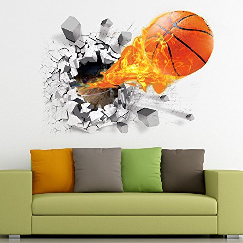 3D Basketball Wall Sticker Decal Living Room Bedroom Decor Men Teenager Boy Kid Children Baby Room Nursery Removable Wall Art Mural Wallpaper