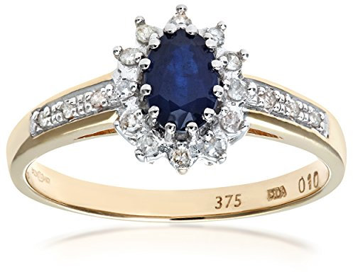 Naava Women's Sapphire and 12 Diamond Set Shoulders 9 ct Yellow Gold Ring - Size U
