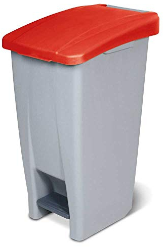 Poubelle à pédale avec roulettes, capacité 60 litres, HxLxP 700 x 380 x 490 mm, gris corpus, couvercle rouge