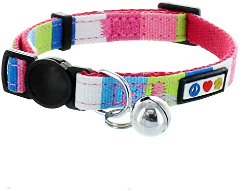 Pawtitas Katzenhalsband, weich, verstellbar, mit Sicherheitsschnalle und abnehmbarem Glöckchen, Pink / Blau / Blaugrün / Gelb