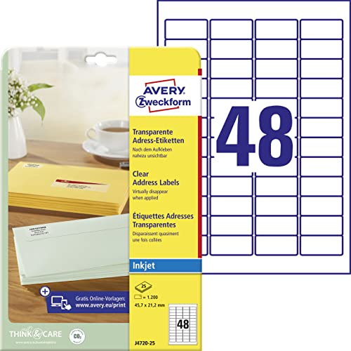 AVERY Zweckform J4720-25 Adressetiketten/Adressaufkleber (1.200 Etiketten, 45,7x21,2mm auf A4, bedruckbar, selbstklebend, für Absenderetiketten, Polyesterfolie, Inkjet-Drucker) 25 Blatt, transparent