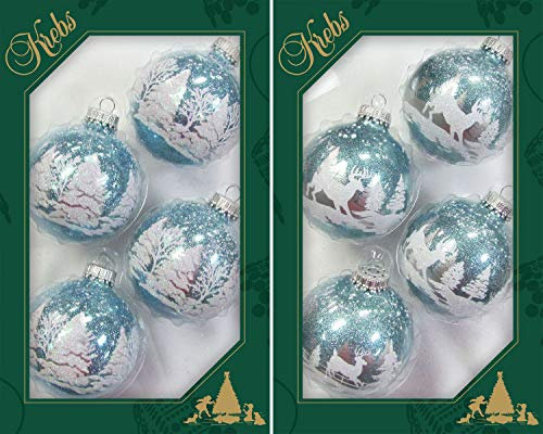 Krebs Glas Lauscha Weihnachtsdekoration/Christbaumschmuck aus Glas - 2er Boxset je 4 Christbaumkugeln - Motiv: Winterwald mit Glitter - Größe: ca. 7 cm