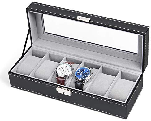 NEX FBA_B01GRO1P60 Uhrenbox, Kunstleder, Schwarz, 6-Slot