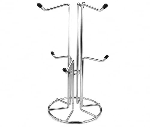 apollo THE HOUSEWARES BRAND Chrome Mug Tree, Holds 6 Tea or Coffee Cups | for Counter, Kitchen Countertop Storage Rack, Mug Hanger Organiser for Café, 6 Rubber Tipped Hooks, Mugtree Kitchen Accessory