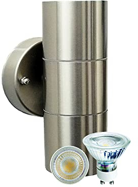Hochwertige Edelstahl-LED-Außen-Wand-Leuchte-Lampe Bornholm Up-/Down-Light, H: 16,5cm, D: 6cm, inkl. GU10 LED 2 x 7W, IP44, Eingangs-Balkon-Terrassen-Leuchte-Lampe-Licht