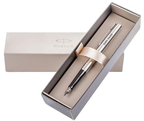 Personalised Gift Idea – PARKER with London Pagani Collection Leather Pouch – Laser engraved pen with your text – Christmas, Birthday, Anniversary Gift – Parker JOTTER Fountain Pen Stainless Steel + PAGANI Black