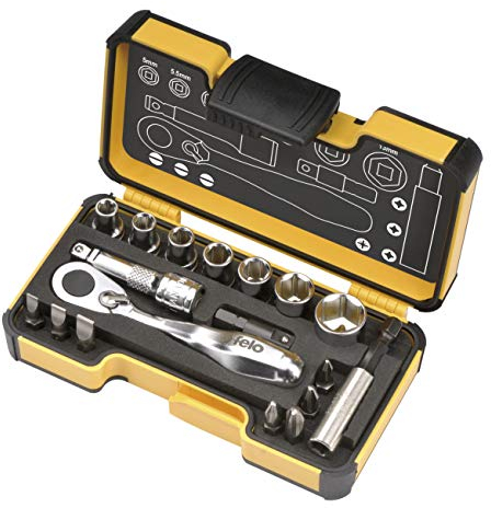 Felo Werkzeugsatz XS 18 Inch 1/4' mit Miniratsche, Bits, Steckschlüsseleinsätzen (Inch Abmessungen) und Zubehör, 18-tlg