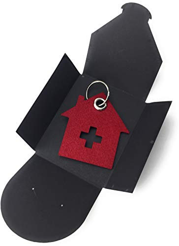 filzschneider Schlüsselanhänger aus Filz - Haus mit Kreuz - Bordeaux/dunkel-rot/Wein-rot - als besonderes Geschenk