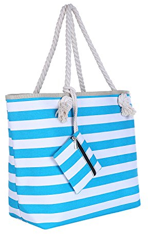 DonDon Large Beach bag for women with zip Waterproof Pool bag tote beach bags Stripes Turquoise White