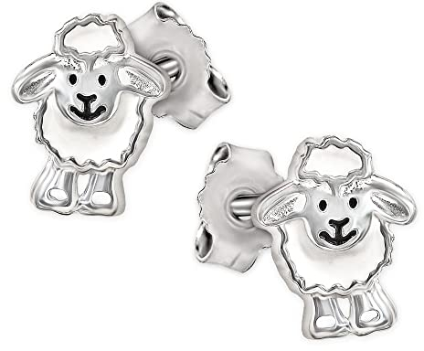 CLEVER SCHMUCK Silberne Damen Kinder Ohrstecker 9 mm Schaf lustig lachendes Gesicht weiß und schwarz lackiert glänzend Sterling Silber 925 im Schmucketui creme