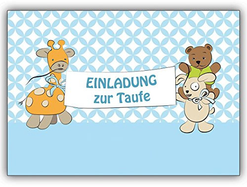 10 Stück Set: Süße Einladungskarte zur Taufe (Junge) Stofftiere auf hellblau laden zur Taufe • liebevolle Baby Party Karte, Einladungs Klappkarte um ihr Baby, die Taufe zu feiern