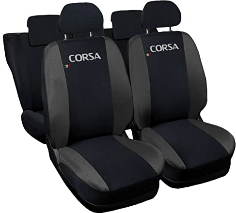 Lupex Shop Coprisedili auto compatibili con Corsa, Made in Italy, tessuto poliestere, set sedili completi anteriori e posteriori (Nero - Grigio Scuro)