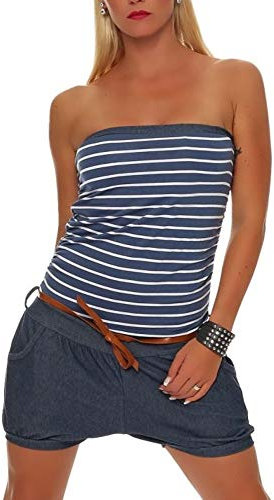 Malito Damen Einteiler kurz im Marine Design | Overall mit Gürtel | Jumpsuit im Jeans Look | Romper - Playsuit 9646 (Jeansblau)