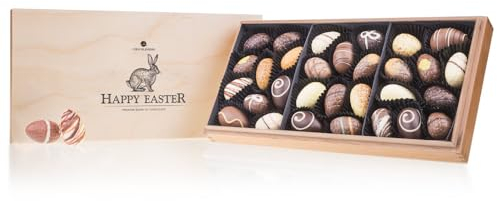 CHOCOLISSIMO - Ostergeschenk – 30 edle, handgefertigte Pralinen in stilvoller Holzbox – Luxuriöse Pralinenmischung für Genießer, Geschenkidee für Frauen, Männer, Mama, Papa, Premium Osterschokolade