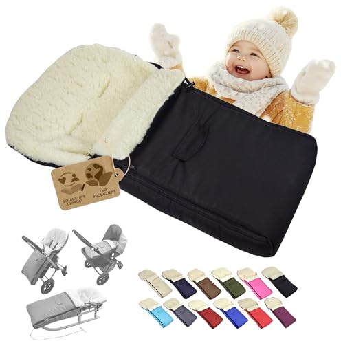 Babys-Dreams BAMBINIWELT universaler Winterfußsack 108 cm – aus Lammwolle, warm & weich – passend für Kinderwagen, Buggy & Schlitten – wasserabweisend & waschbar, Farbe: Schwarz