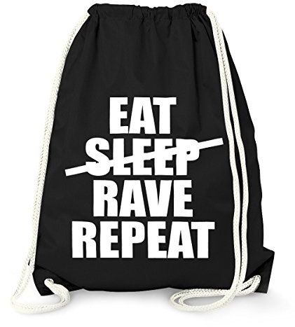 MoonWorks cooler Techno Turnbeutel, Eat Sleep Rave Repeat, Party Festival Beutel Tasche aus stabiler Baumwolle, Gymbag schwarz unisize