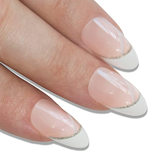 Falsche Nägel Bling Art Weiß Glitter Stilett Mandel 24 Kunstnägel Lange Tipps mit Kleber