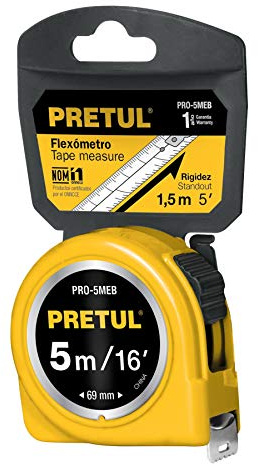Flexómetro amarillo 5mm, cinta de 19mm, pretul, tarjeta de plástico