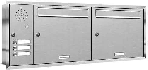 AL Briefkastensysteme, 2er Unterputzbriefkasten, Doppel-Briefkasten mit Klingel, 2 Fach, Briefkastenanlage modern, rostfrei Edelstahl Postkasten