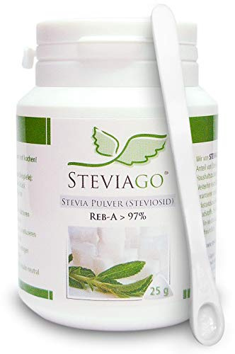 STEVIAGO Stevia Pulver (Steviosid) Extrakt aus 100% Stevia, davon min. 97% Reb-A, 25g, mit Dosierlöffel